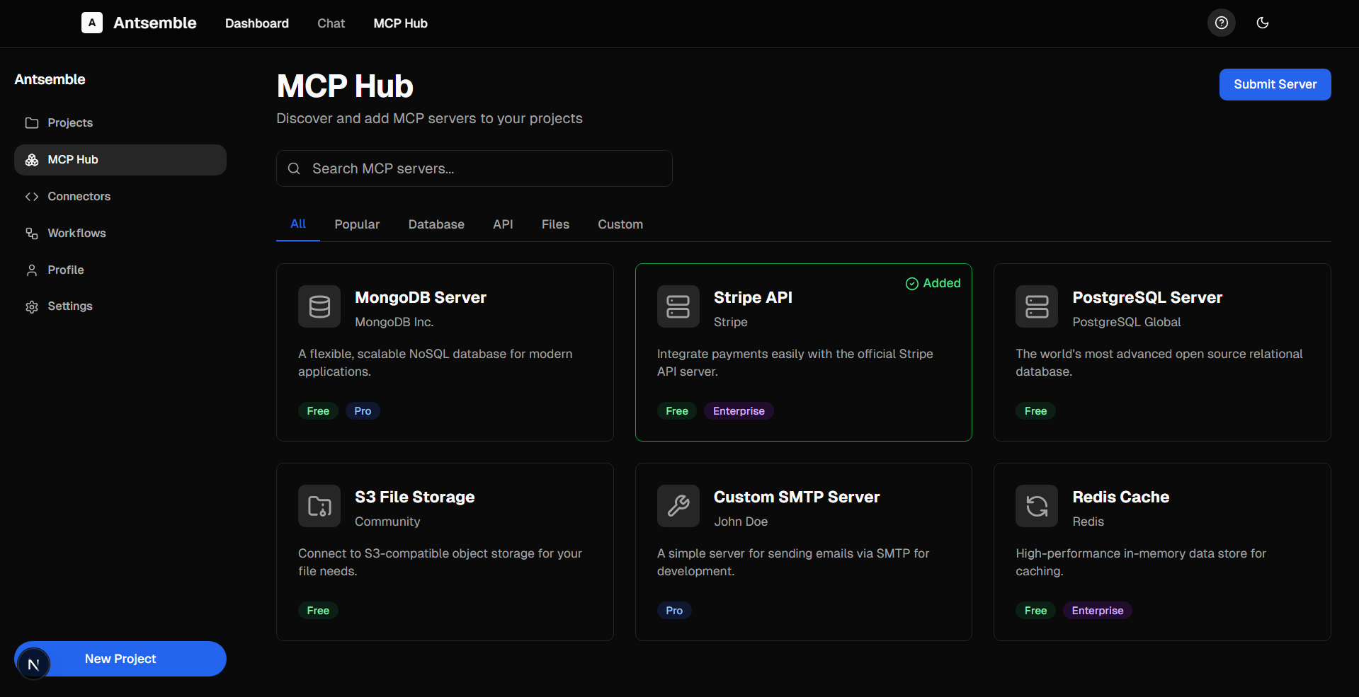 MCP Hub interface showing integration connections and service management